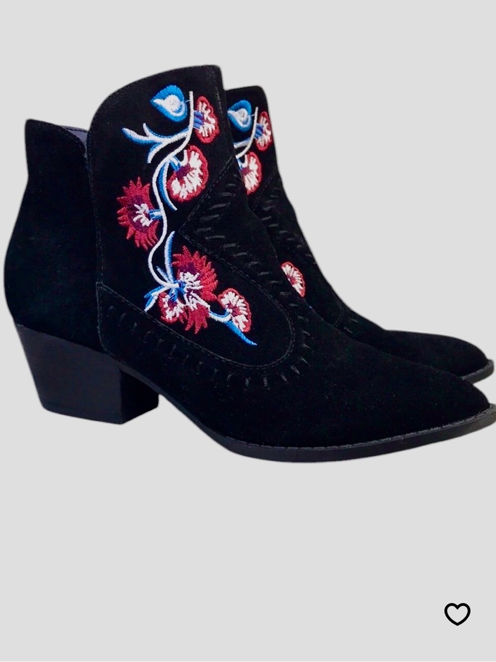 Carlos Faux Black Suede Western Ankle Boots with Red Floral Embroidery